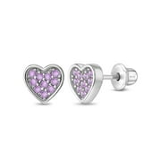 925 Sterling Silver Pave CZ Heart Screw Back Earrings Babies Infants Girls